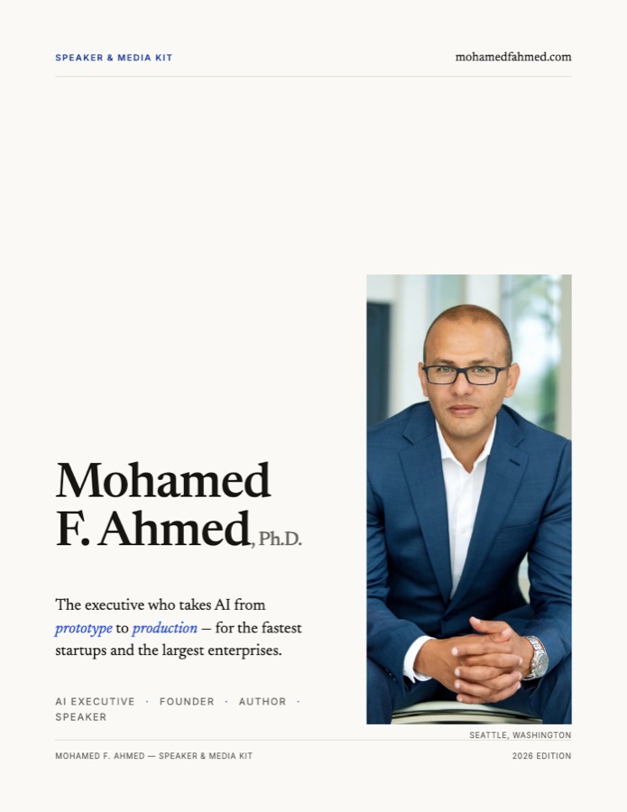Cover page of the Mohamed F. Ahmed speaker and media kit